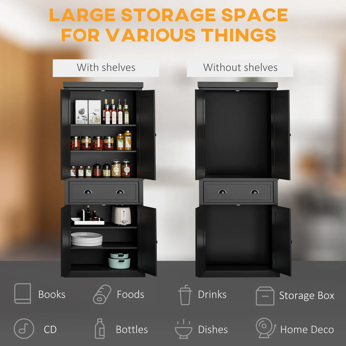 72.5" Kitchen Pantry Cabinet, Traditional Freestanding Storage Cabinet with 4 Doors, Drawer and 3 Adjustable Shelves for Dining Room, Black