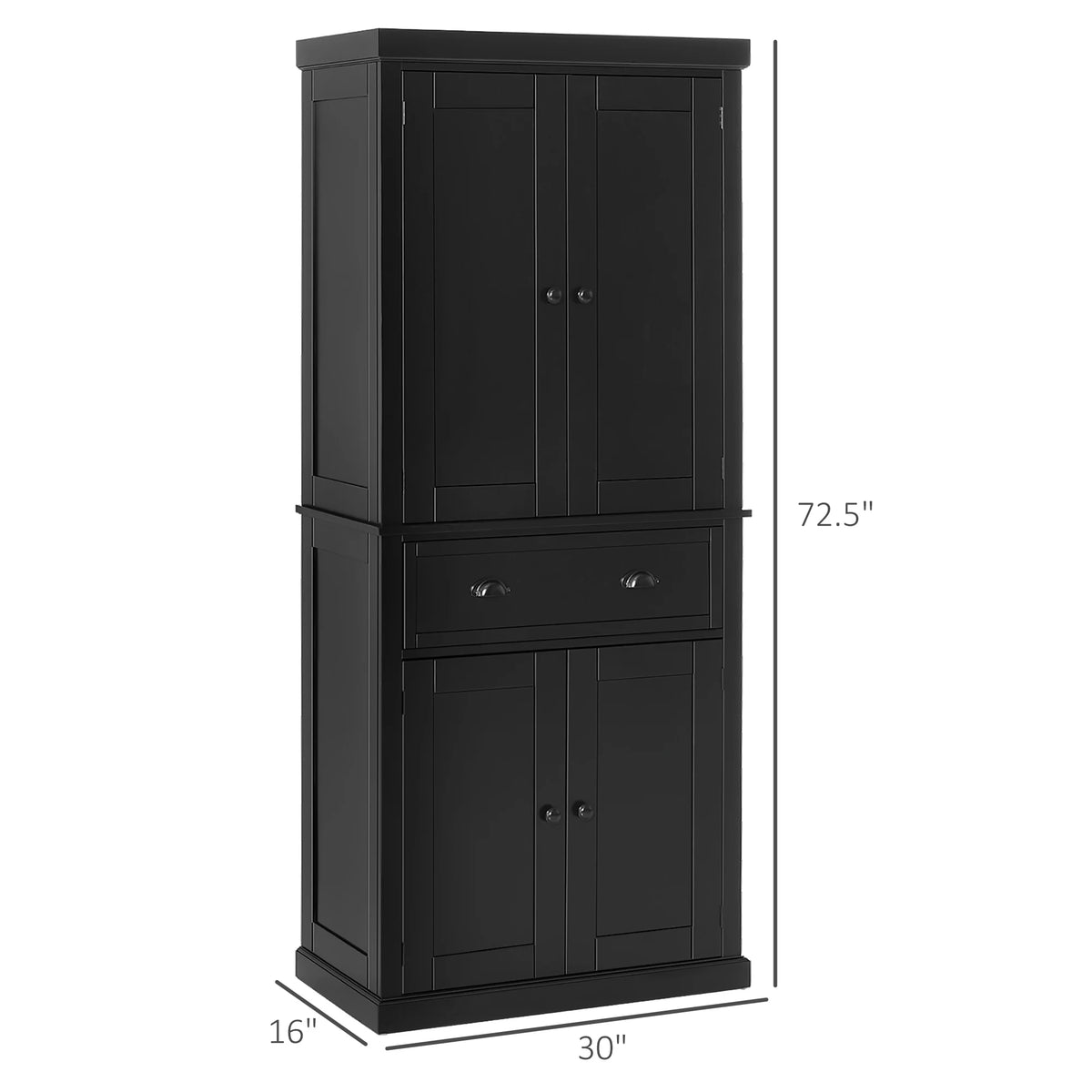 72.5" Kitchen Pantry Cabinet, Traditional Freestanding Storage Cabinet with 4 Doors, Drawer and 3 Adjustable Shelves for Dining Room, Black