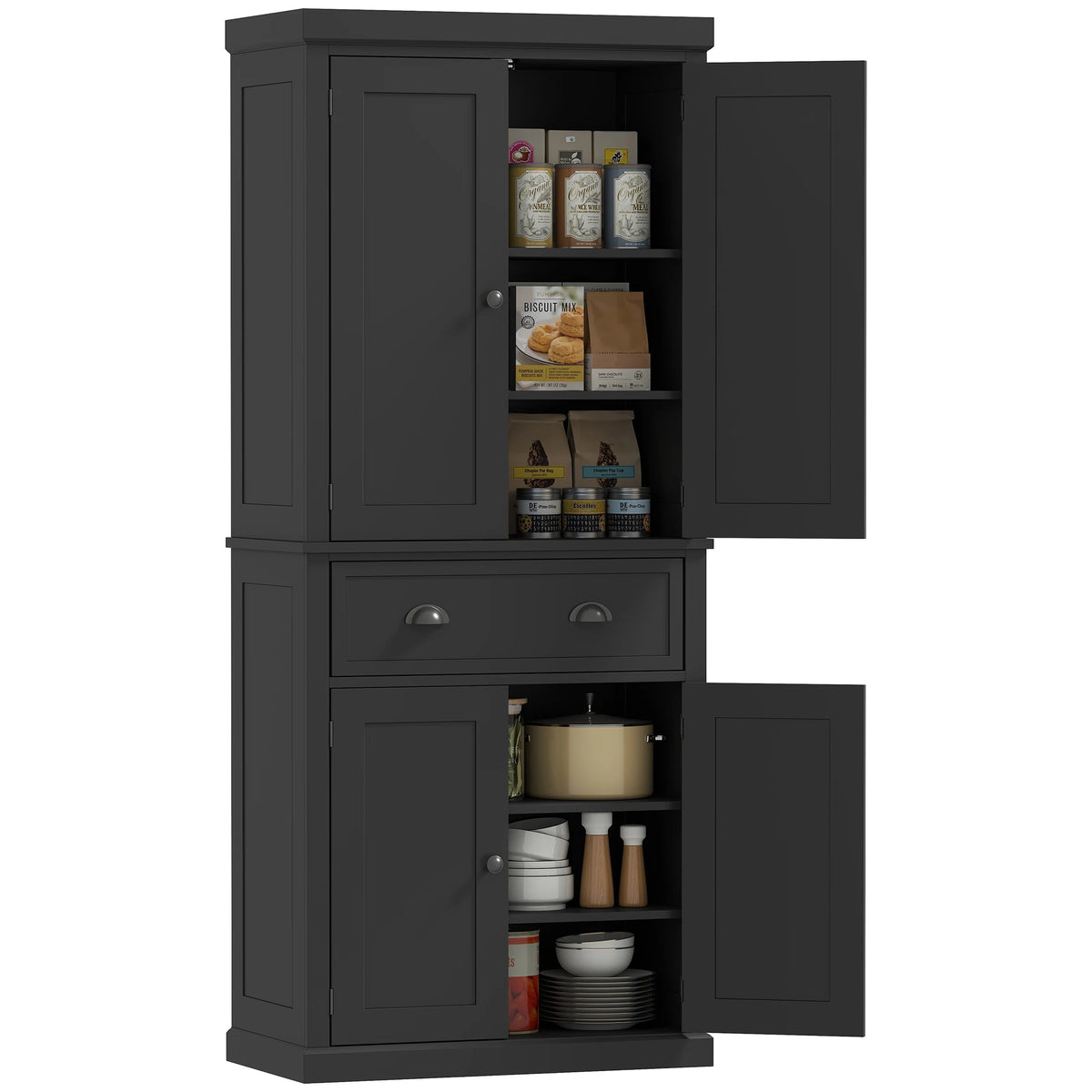 72.5" Kitchen Pantry Cabinet, Traditional Freestanding Storage Cabinet with 4 Doors, Drawer and 3 Adjustable Shelves for Dining Room, Black