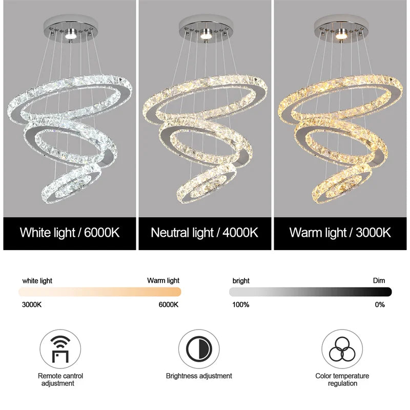 Modern Crystal Rings Led Chandelier Indoor Luxury Ceiling Lamp Dimming And Remote Control Pendan Lighting Chrome Lustre Fixtures
